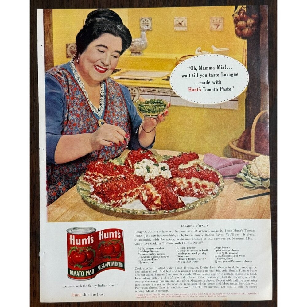 Vintage 1962 Hunts Tomato Paste Lasagne Recipe Food Advertisement Print Ad